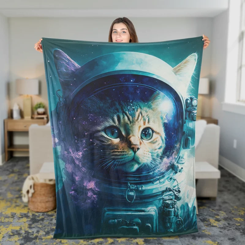 Beautiful Cat's First Space Trip Fleece Blanket 2