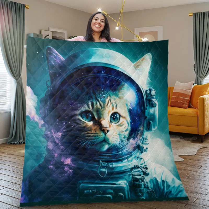 Beautiful Cat's First Space Trip Quilt Blanket