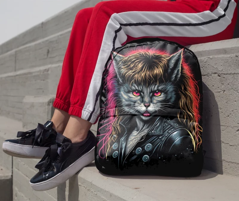 Black Leather Jacket Cat with Pink Eyes Backpack 1