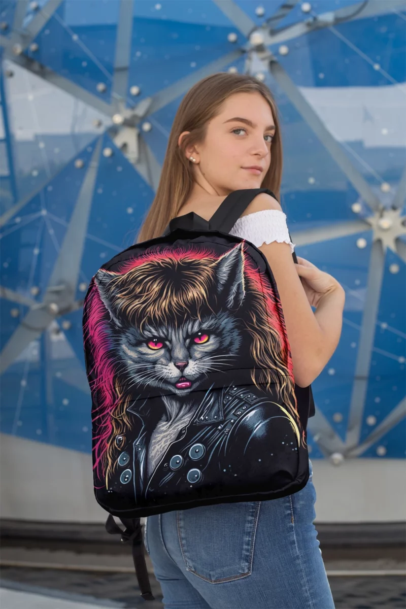 Black Leather Jacket Cat with Pink Eyes Backpack 2