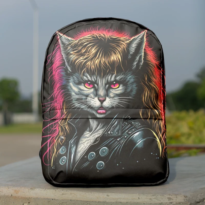 Black Leather Jacket Cat with Pink Eyes Backpack