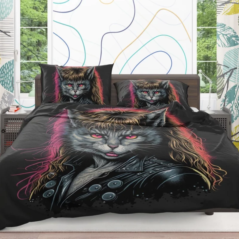 Black Leather Jacket Cat with Pink Eyes Bedding Set