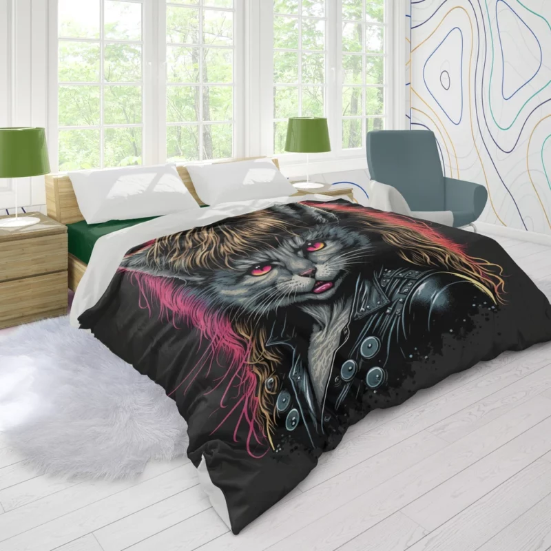 Black Leather Jacket Cat with Pink Eyes Duvet Cover