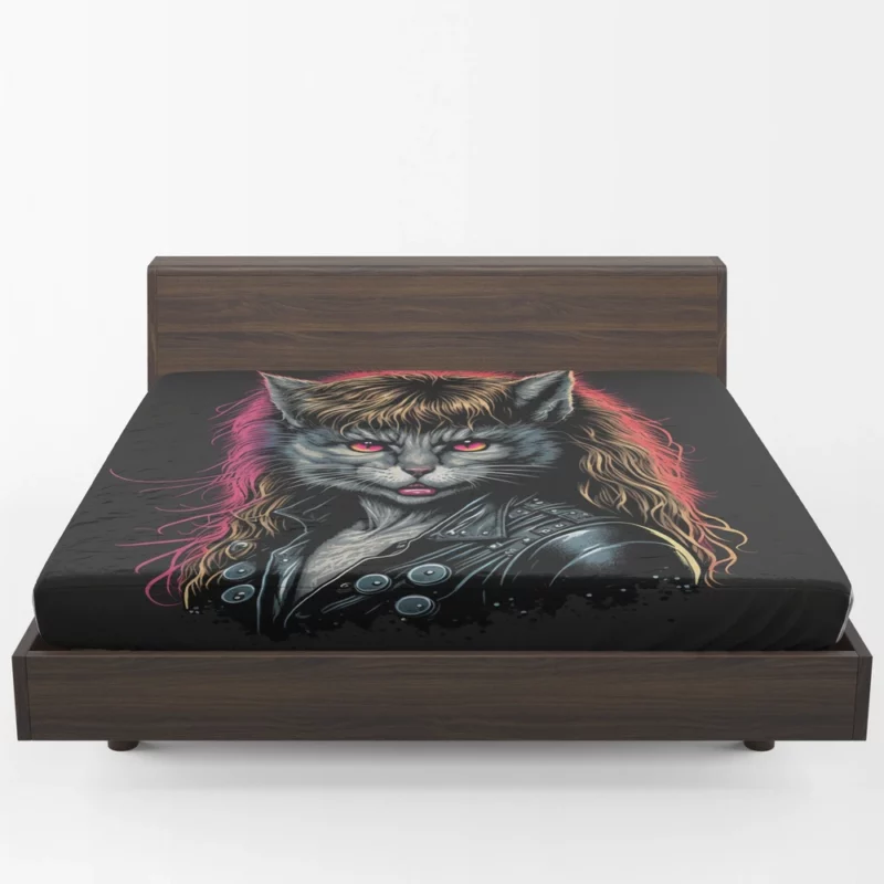 Black Leather Jacket Cat with Pink Eyes Fitted Sheet 1