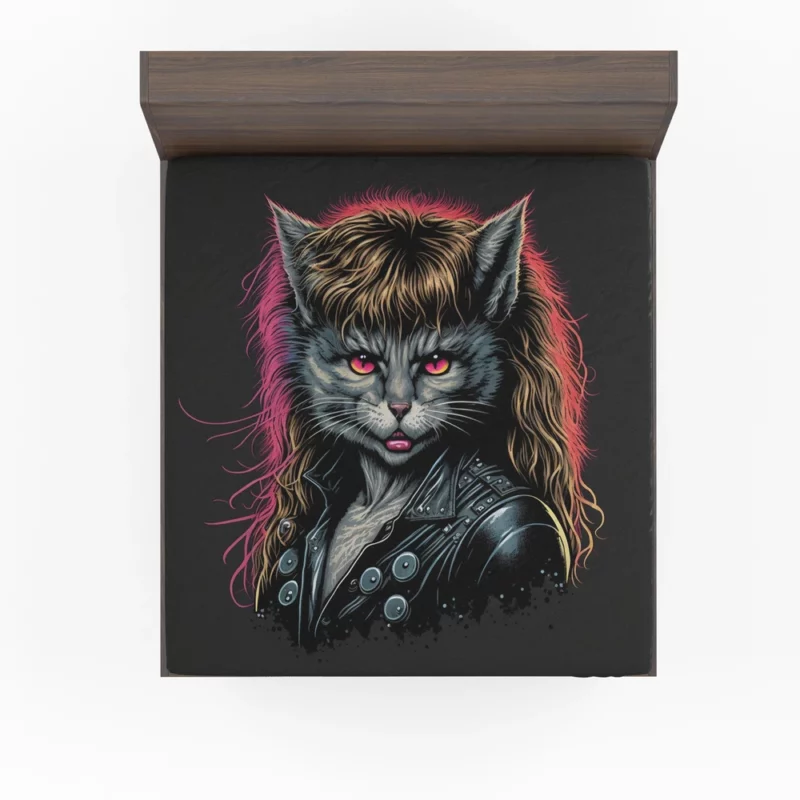 Black Leather Jacket Cat with Pink Eyes Fitted Sheet