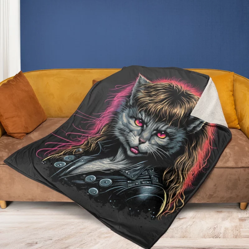 Black Leather Jacket Cat with Pink Eyes Fleece Blanket 1