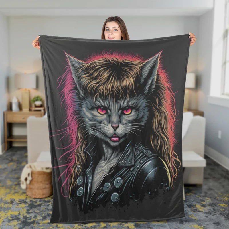 Black Leather Jacket Cat with Pink Eyes Fleece Blanket 2