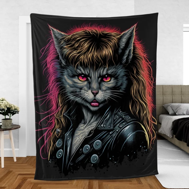 Black Leather Jacket Cat with Pink Eyes Fleece Blanket