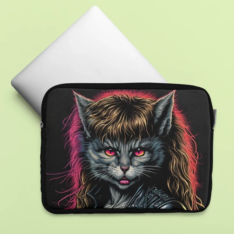 Black Leather Jacket Cat with Pink Eyes Laptop Sleeve