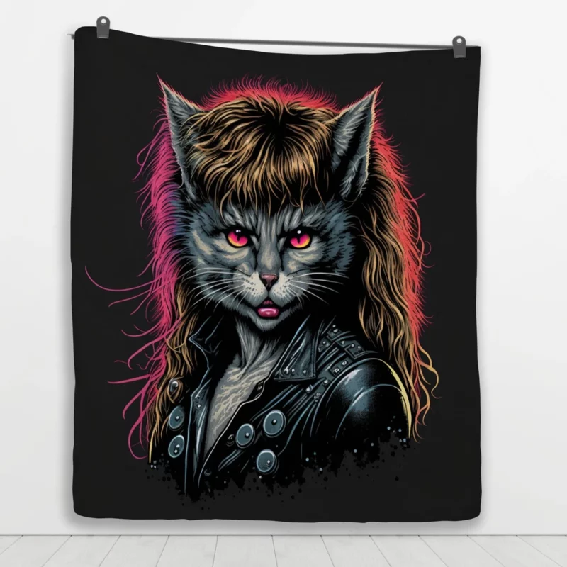 Black Leather Jacket Cat with Pink Eyes Quilt Blanket 1