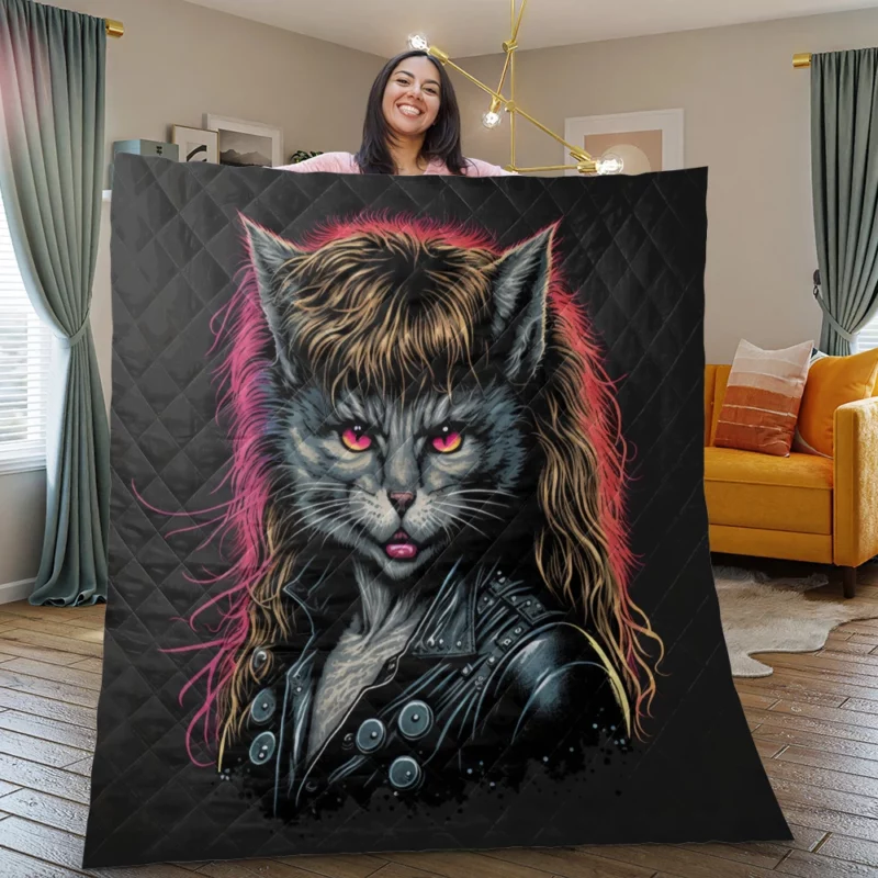 Black Leather Jacket Cat with Pink Eyes Quilt Blanket