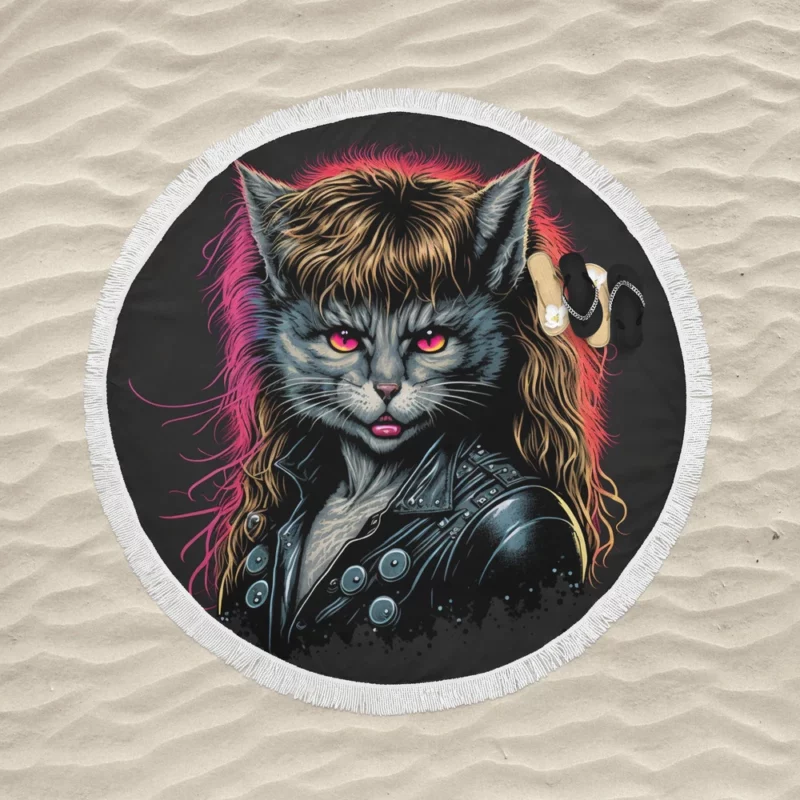 Black Leather Jacket Cat with Pink Eyes Round Beach Towel