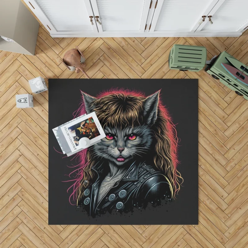 Black Leather Jacket Cat with Pink Eyes Rug