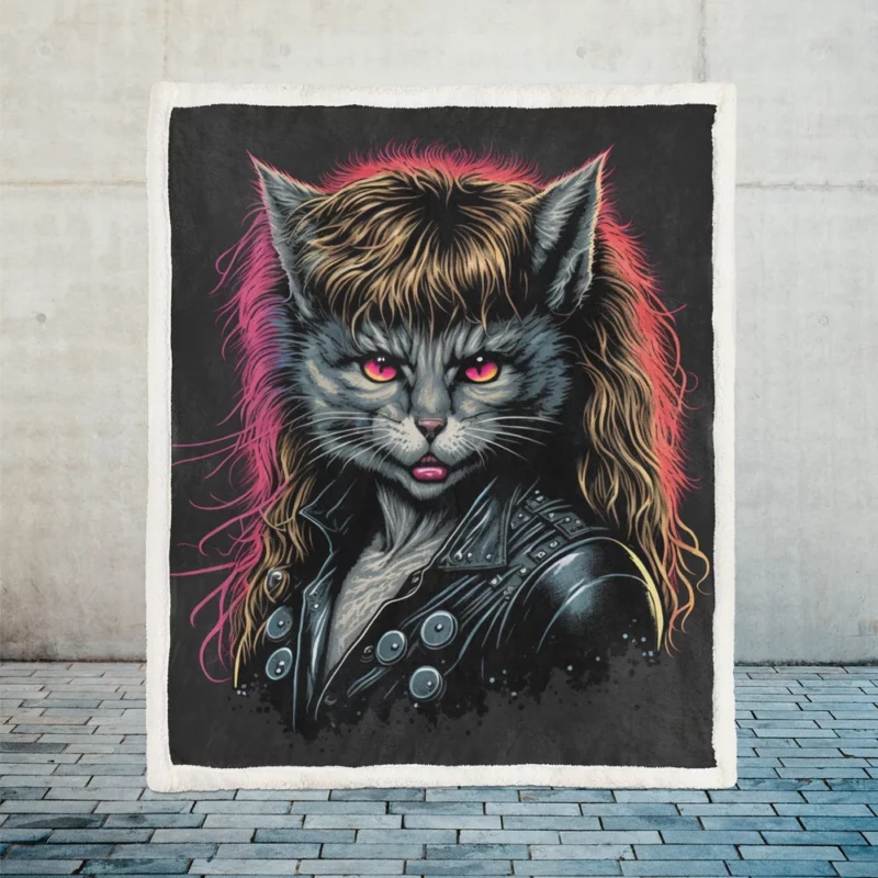 Black Leather Jacket Cat with Pink Eyes Sherpa Fleece Blanket