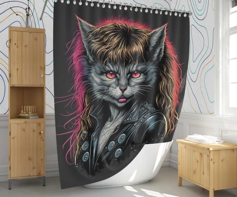 Black Leather Jacket Cat with Pink Eyes Shower Curtain 1