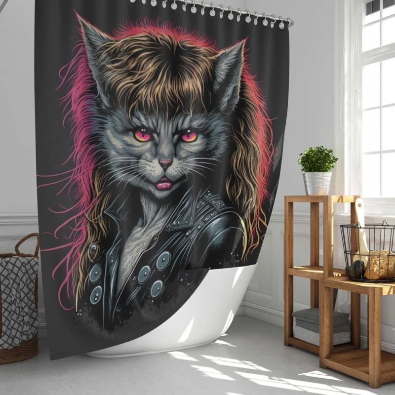 Black Leather Jacket Cat with Pink Eyes Shower Curtain