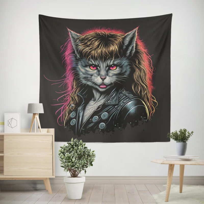 Black Leather Jacket Cat with Pink Eyes Wall Tapestry