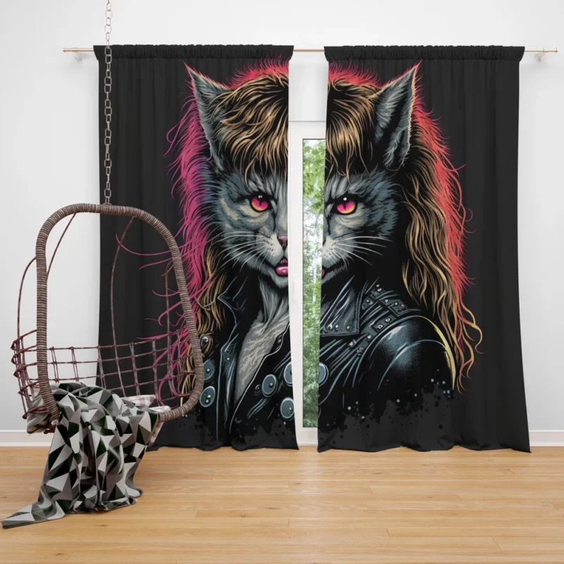 Black Leather Jacket Cat with Pink Eyes Window Curtain