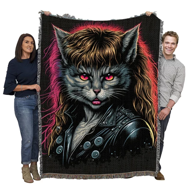 Black Leather Jacket Cat with Pink Eyes Woven Blanket