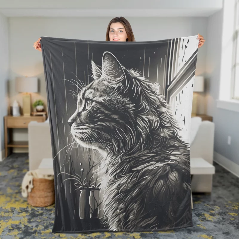 Black and White Cat Portrait Fleece Blanket 2