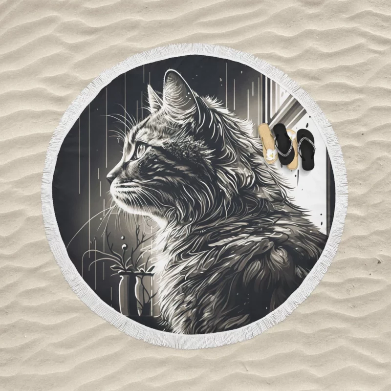 Black and White Cat Portrait Round Beach Towel