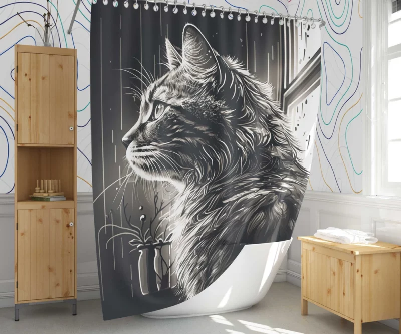 Black and White Cat Portrait Shower Curtain 1