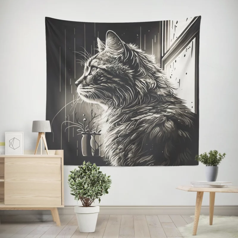 Black and White Cat Portrait Wall Tapestry