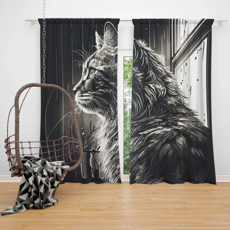 Black and White Cat Portrait Window Curtain