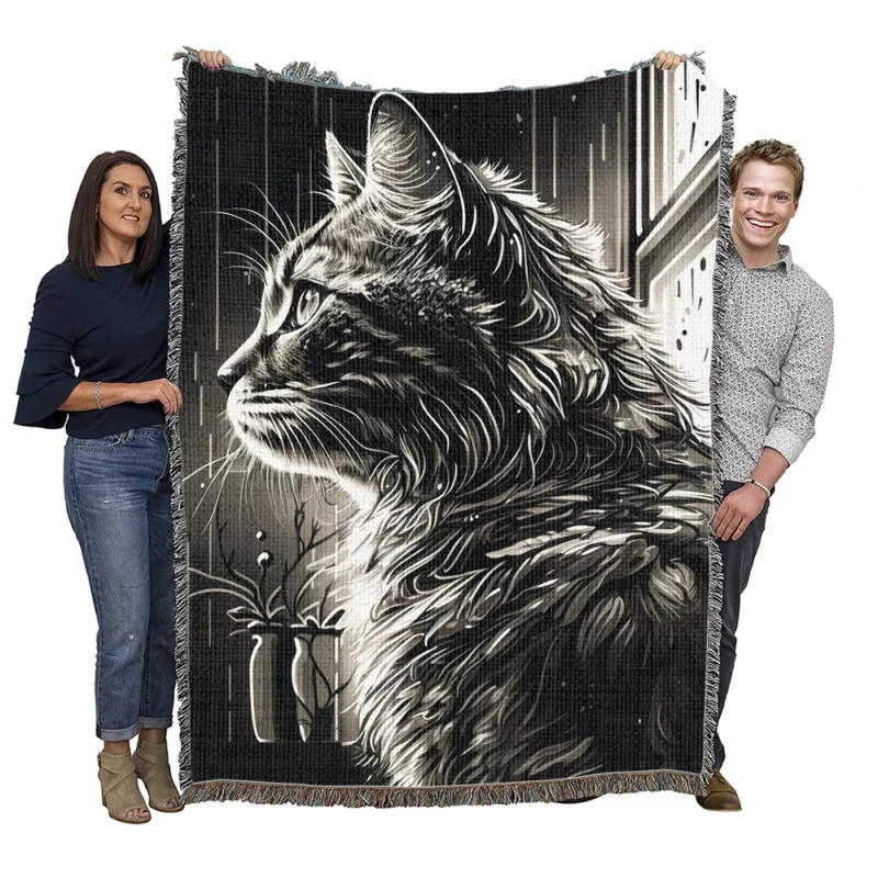 Black and White Cat Portrait Woven Blanket