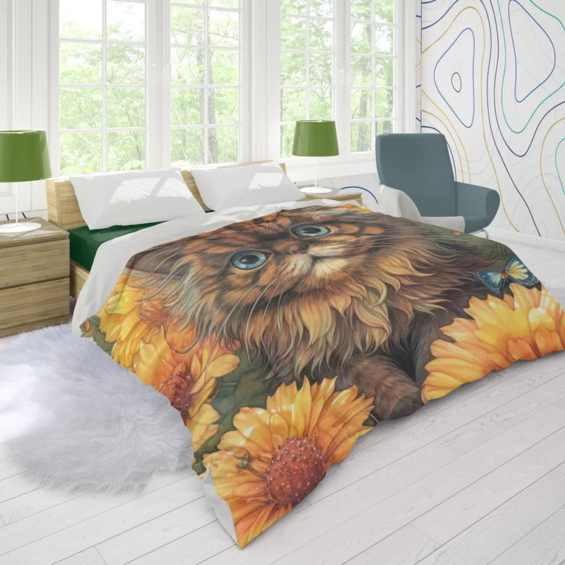 Blue-Eyed Cat Among Flowers Duvet Cover