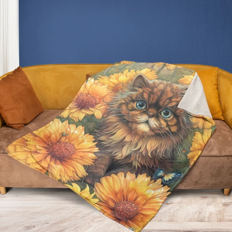 Blue-Eyed Cat Among Flowers Fleece Blanket 1