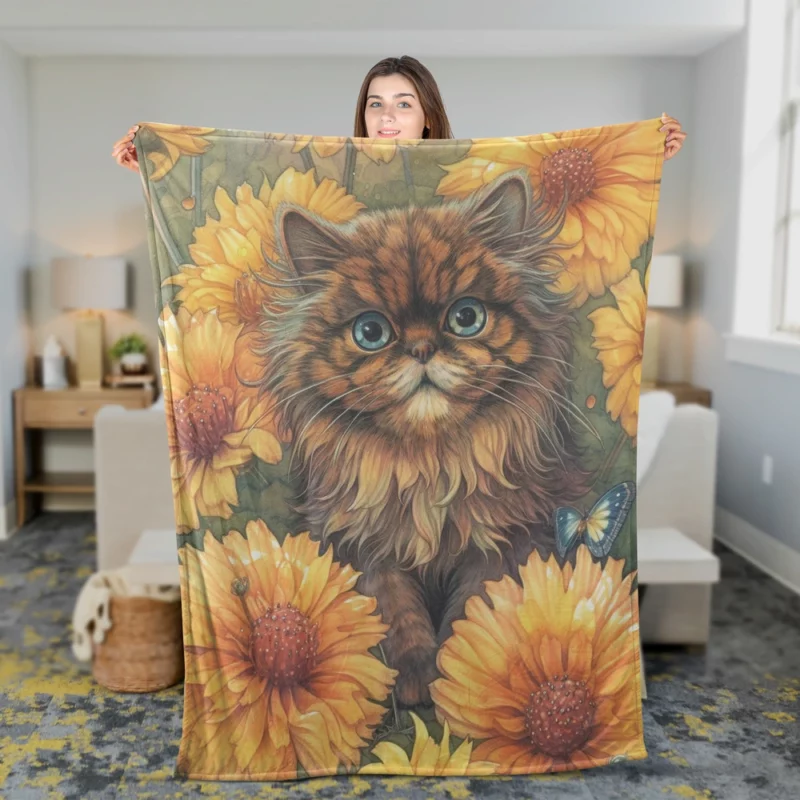 Blue-Eyed Cat Among Flowers Fleece Blanket 2