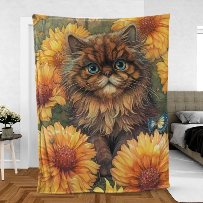 Blue-Eyed Cat Among Flowers Fleece Blanket