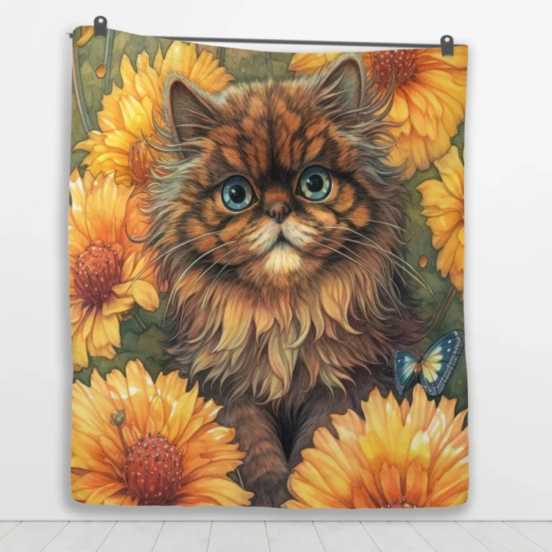 Blue-Eyed Cat Among Flowers Quilt Blanket 1