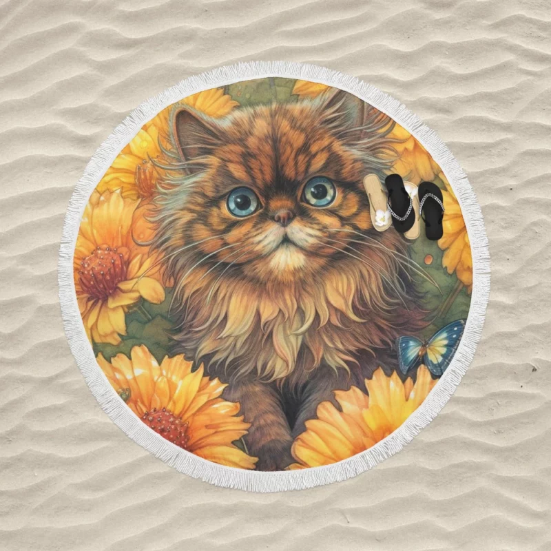 Blue-Eyed Cat Among Flowers Round Beach Towel