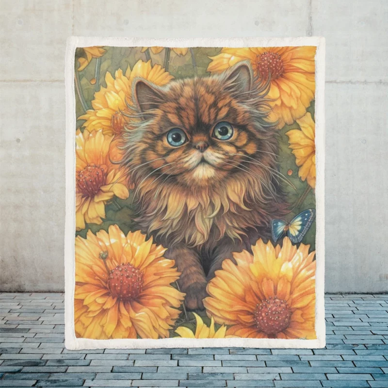 Blue-Eyed Cat Among Flowers Sherpa Fleece Blanket