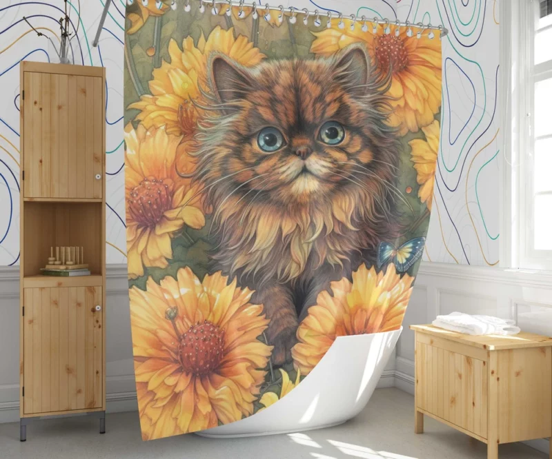 Blue-Eyed Cat Among Flowers Shower Curtain 1