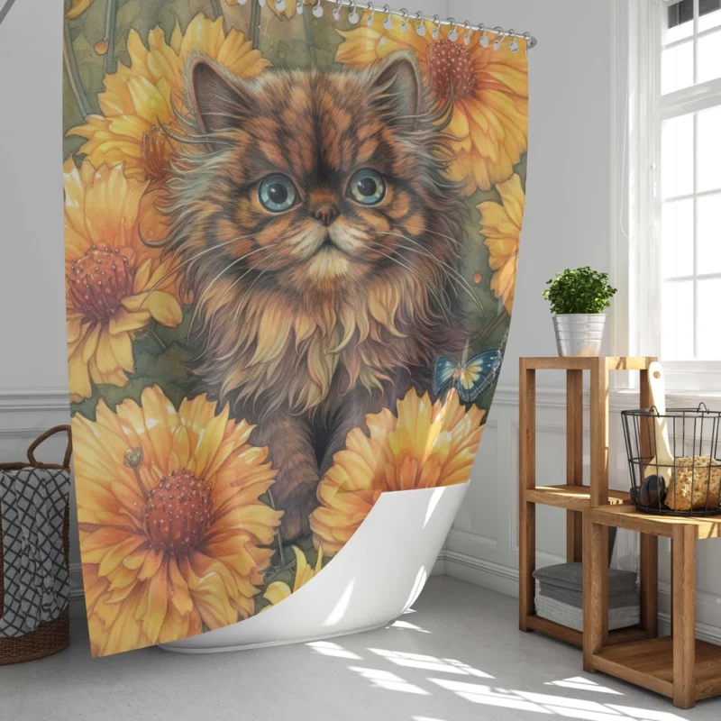 Blue-Eyed Cat Among Flowers Shower Curtain