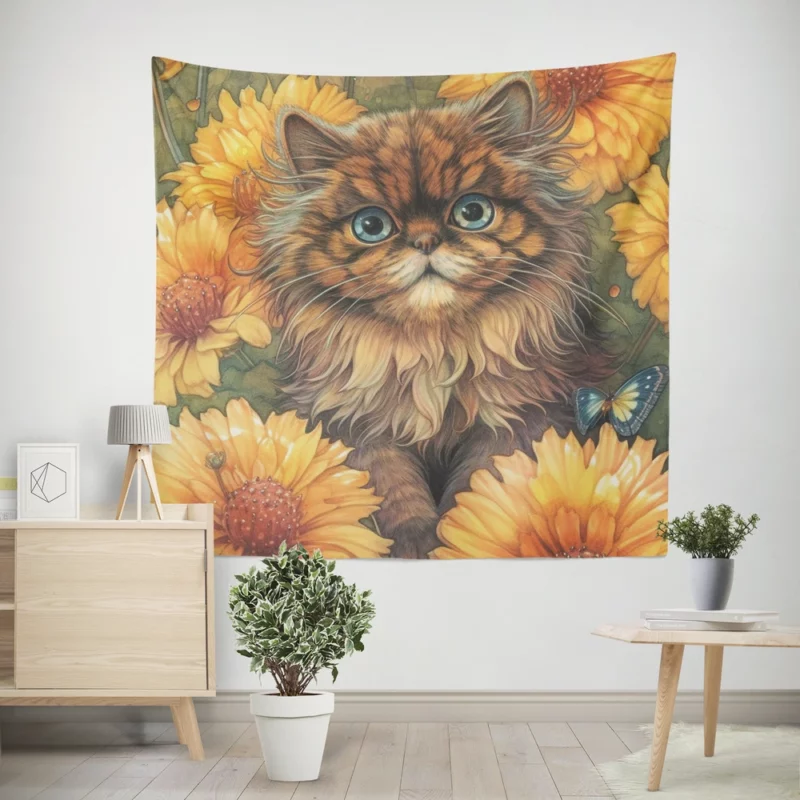 Blue-Eyed Cat Among Flowers Wall Tapestry