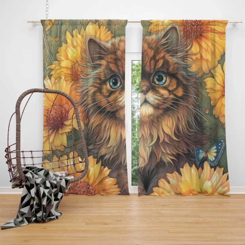 Blue-Eyed Cat Among Flowers Window Curtain