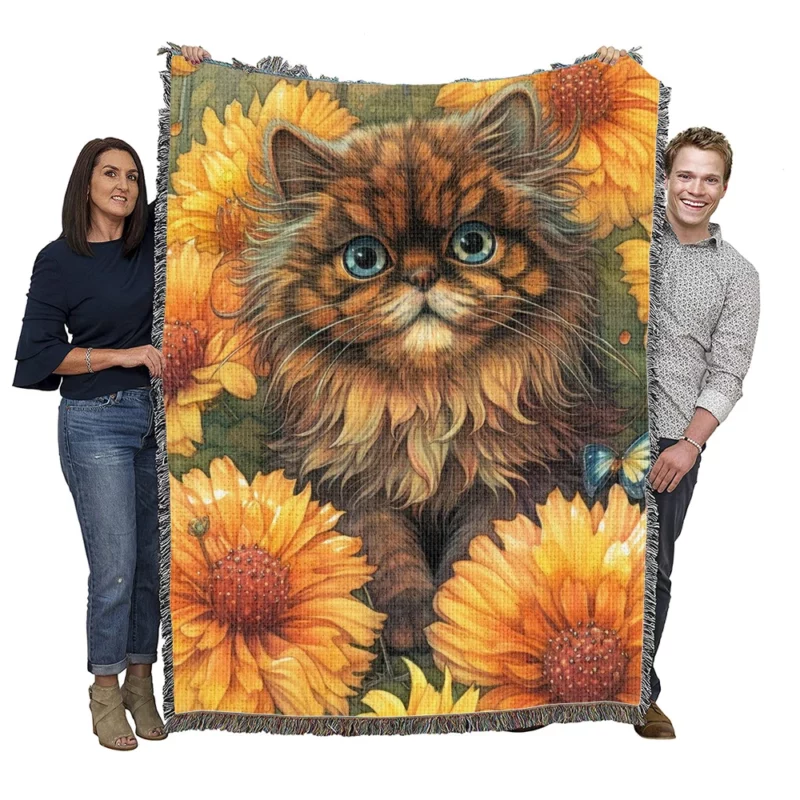 Blue Eyed Cat Among Flowers Woven Blanket