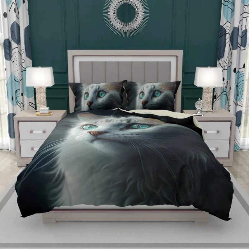 Blue-Eyed Cat Painting on Black Bedding Set 1