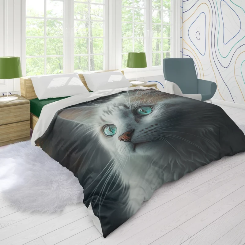 Blue-Eyed Cat Painting on Black Duvet Cover