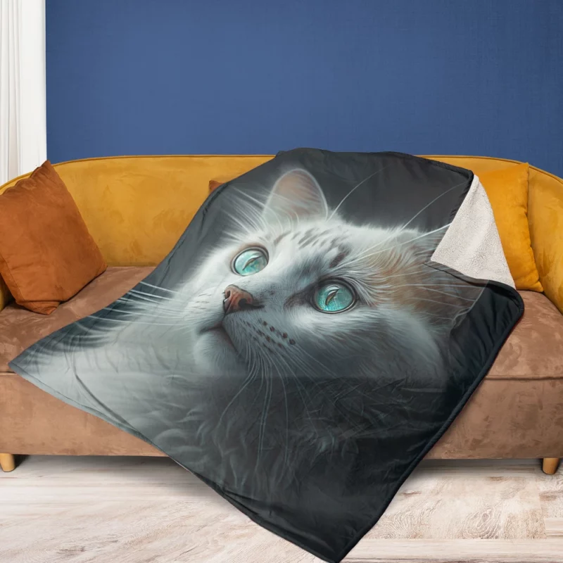 Blue-Eyed Cat Painting on Black Fleece Blanket 1