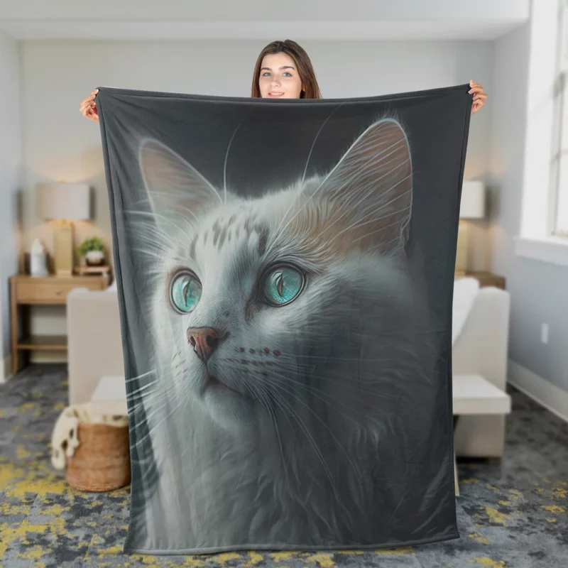 Blue-Eyed Cat Painting on Black Fleece Blanket 2