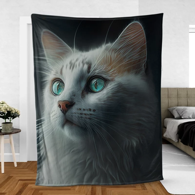 Blue-Eyed Cat Painting on Black Fleece Blanket