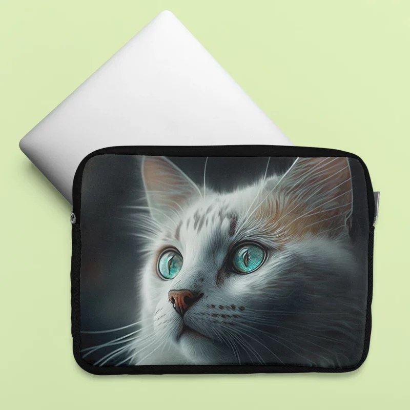 Blue-Eyed Cat Painting on Black Laptop Sleeve