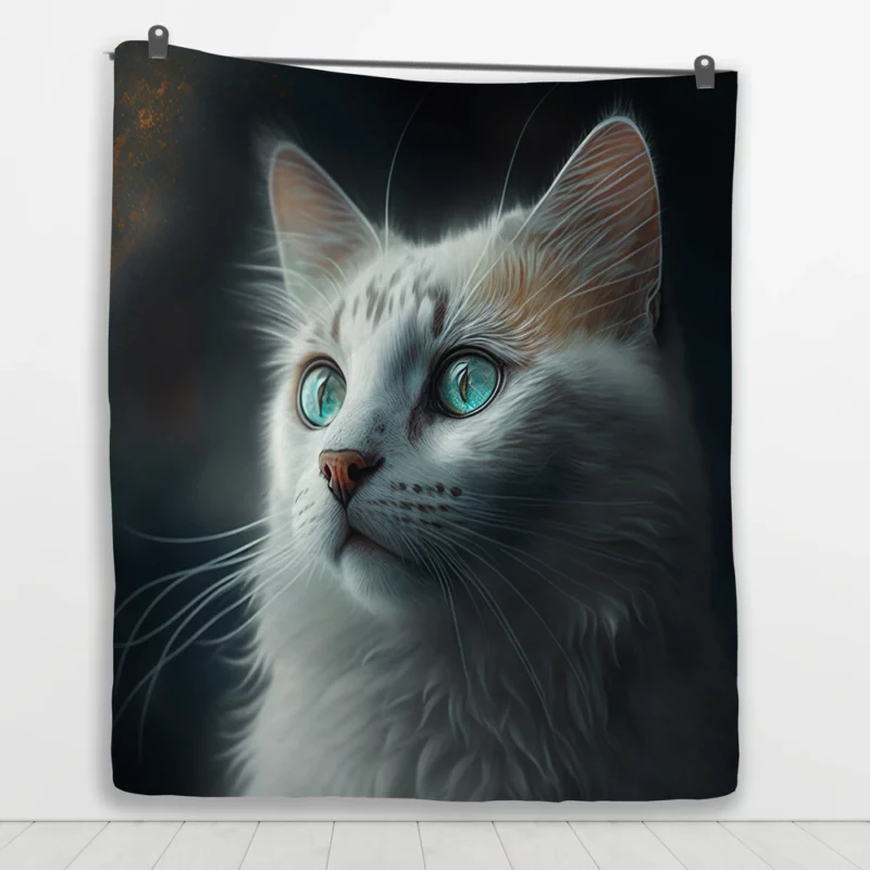 Blue-Eyed Cat Painting on Black Quilt Blanket 1