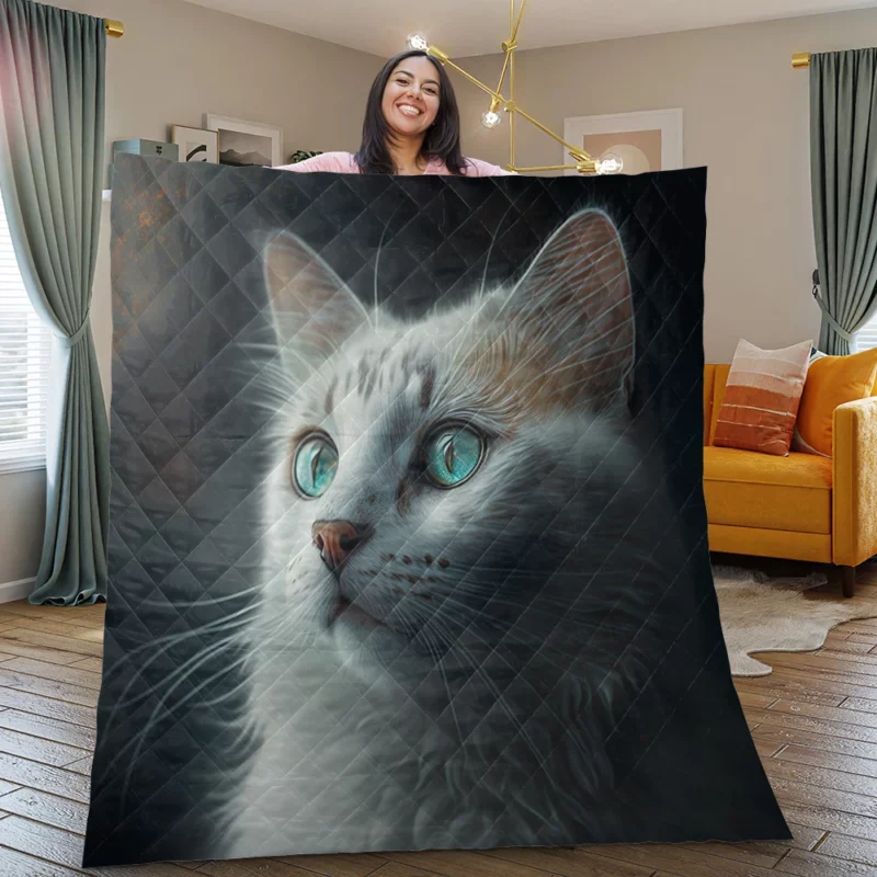 Blue-Eyed Cat Painting on Black Quilt Blanket