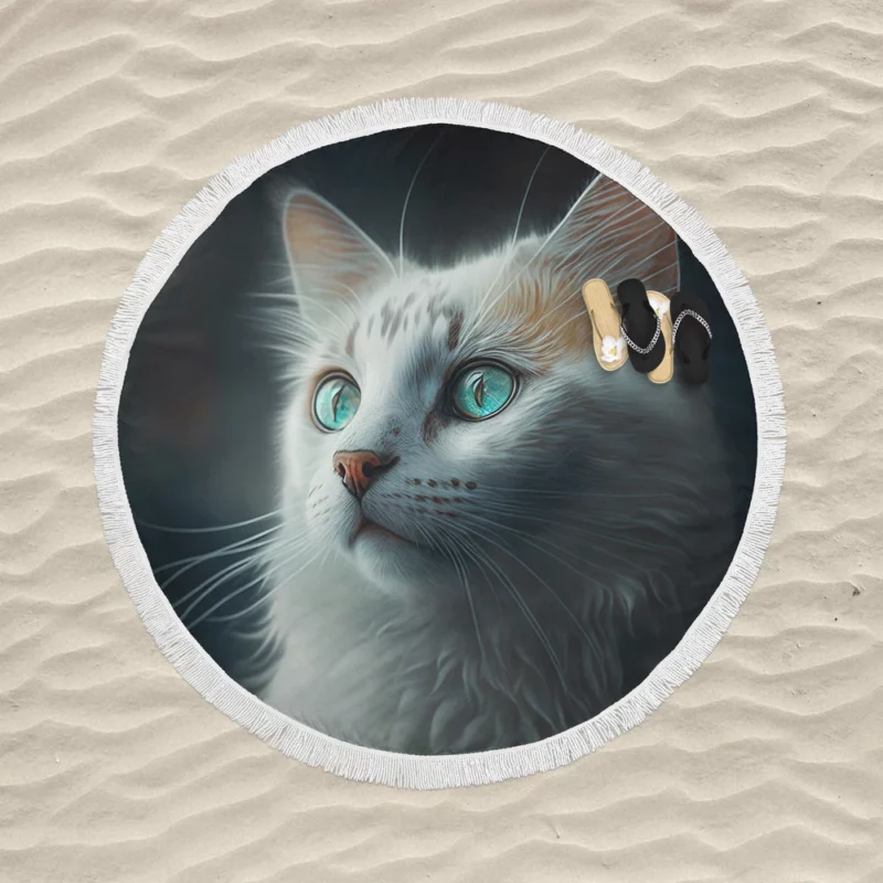 Blue-Eyed Cat Painting on Black Round Beach Towel